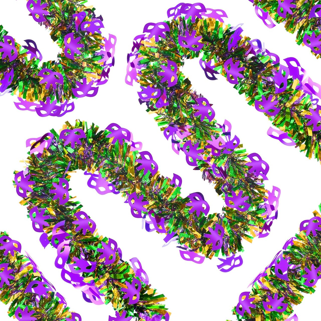 50 Ft Mardi Gras Glitter Tinsel Garland – Green, Gold & Purple Metallic Streamers with Mask Pattern, Glitter Hanging Decoration for Carnival Parade, Car, Indoor & Outdoor Party Décor
